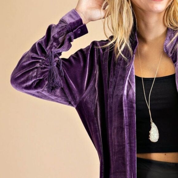 Dark Teal Velvet Boho Lace Up Tassel Sleeve Belted Open Cardigan Jacket - Picture 14 of 16